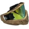 Gold and green paintball mask with visor.