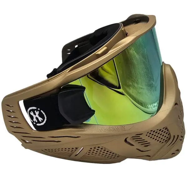 Gold and green paintball mask with visor.