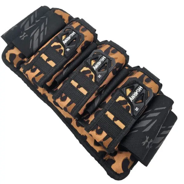 Leopard print tactical gear with black straps.