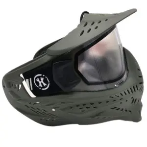Dark green paintball mask with visor.
