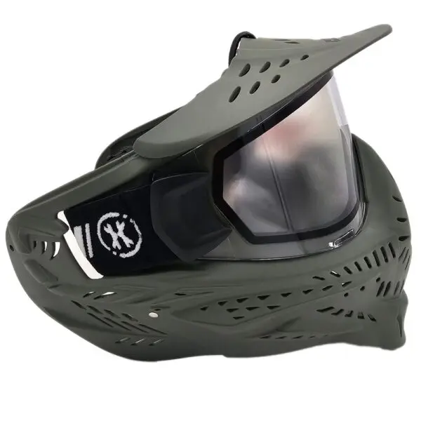 Dark green paintball mask with visor.