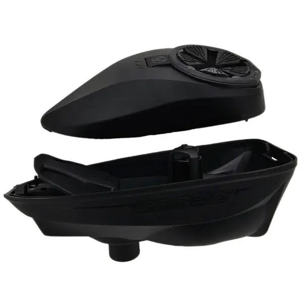 Black plastic boat-shaped bait container open.