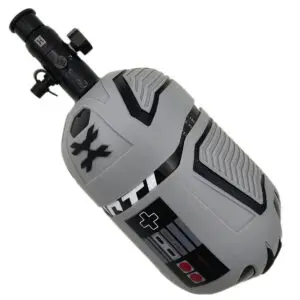 Gray gaming-themed paintball air tank.