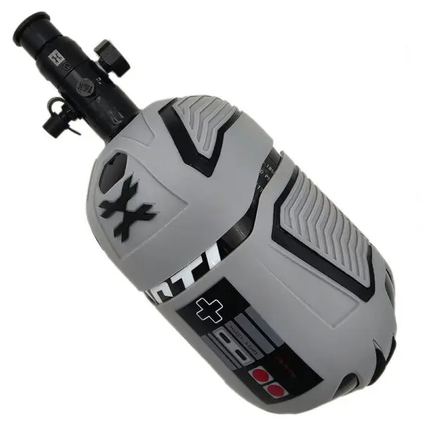 Gray gaming-themed paintball air tank.