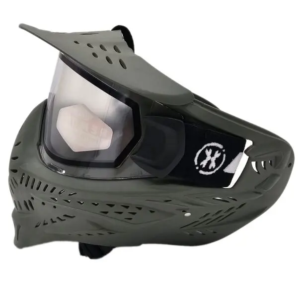 Green paintball mask with visor and goggles.