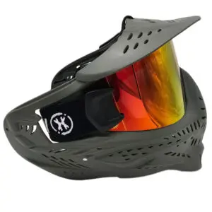 Paintball mask with tinted visor and logo.