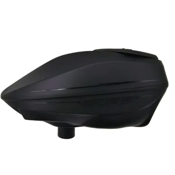 Black paintball hopper on white background.