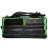 Black and green duffel bag with pockets.