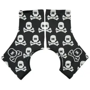 Black sleeves with skull and crossbones pattern.