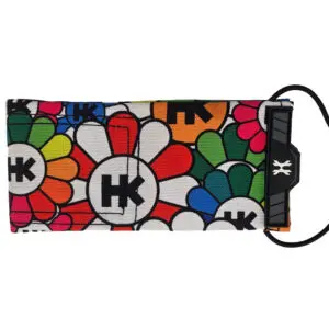 Colorful floral-patterned wallet with black strap.