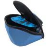 Blue helmet bag with zipper, partially open.
