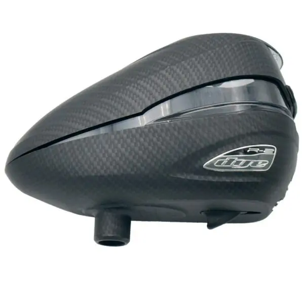 Carbon fiber paintball hopper with logo.