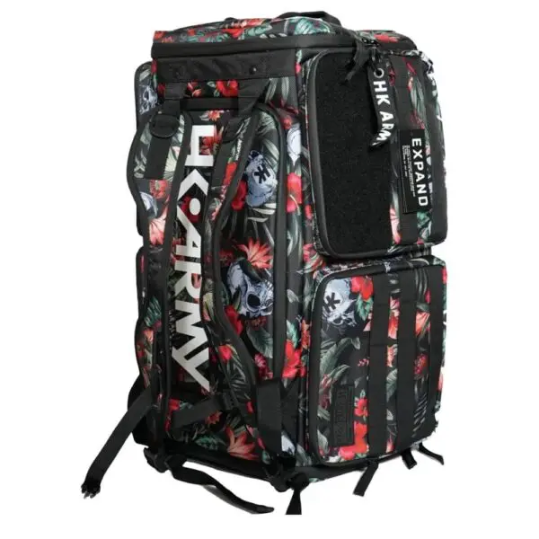 Floral backpack with "HK Army" logo design.