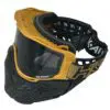 Gold and black motocross goggles with strap.
