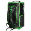 Black and green backpack with multiple compartments.