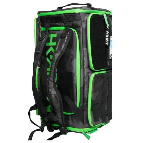 Black and green backpack with multiple compartments.