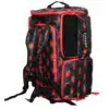 Black and red backpack with floral pattern.