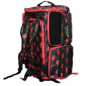 Black and red backpack with floral pattern.