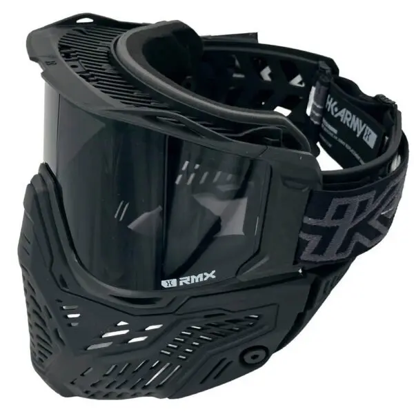 Paintball mask with black visor and strap.