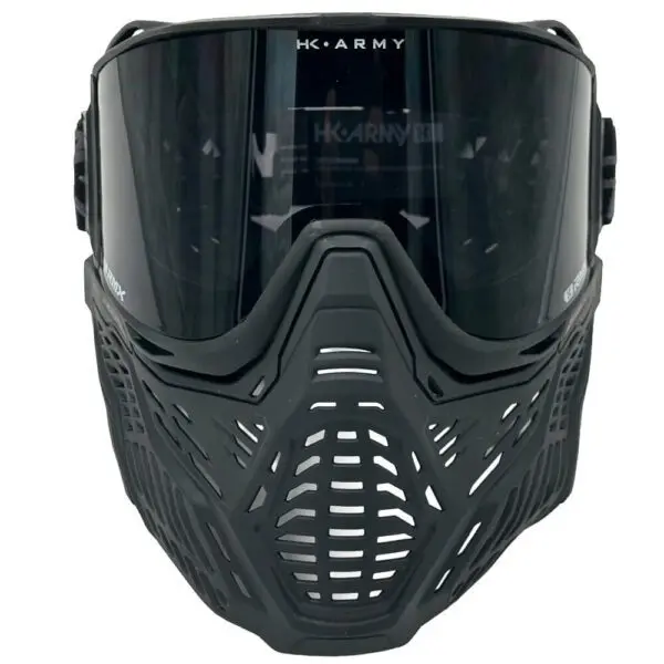 Black tactical paintball mask with tinted visor.