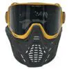 Paintball mask with yellow and black design.