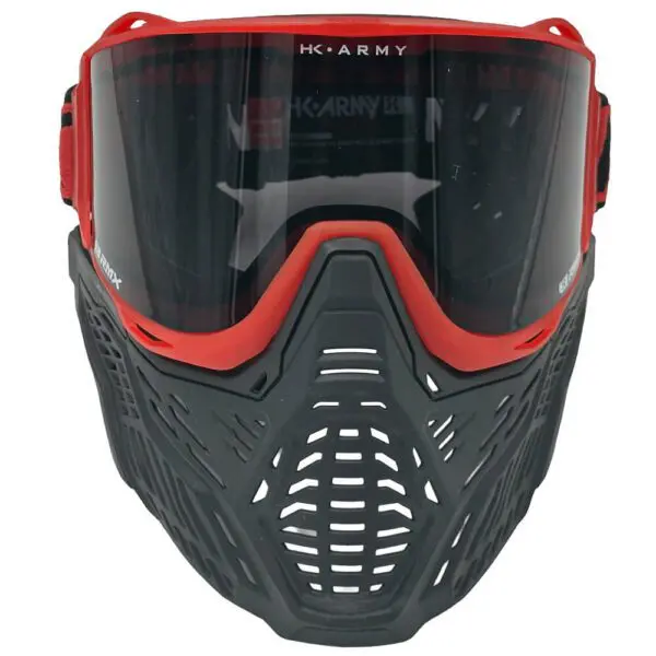 Red and black paintball mask front view.