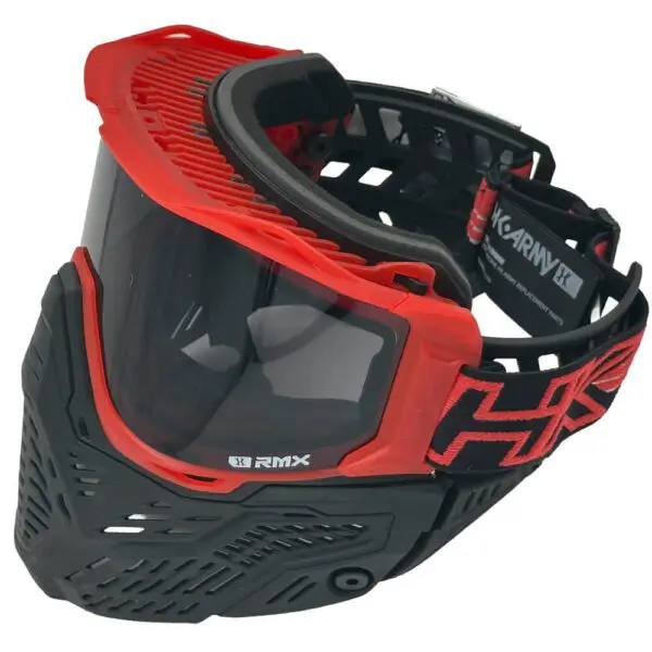 Red and black paintball mask with visor.