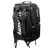 Black tactical backpack with multiple compartments.