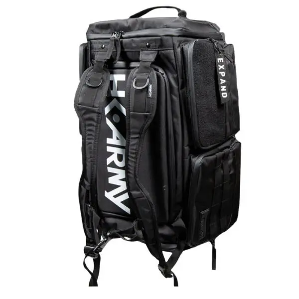 Black tactical backpack with multiple compartments.