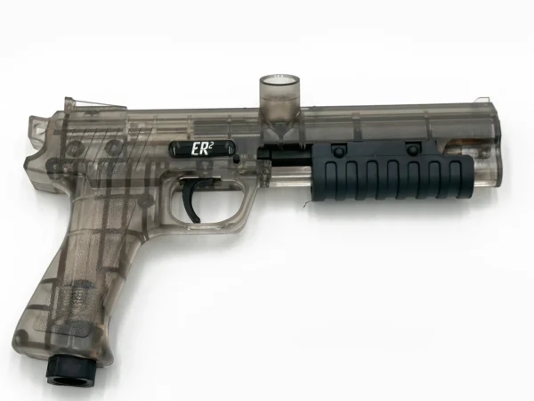 Transparent paintball gun with black grip.