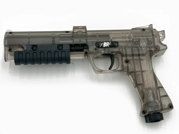 Transparent toy gun with black grip.