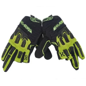 Black and green protective gloves, front view.