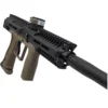 Tactical firearm with dual grips and scope.