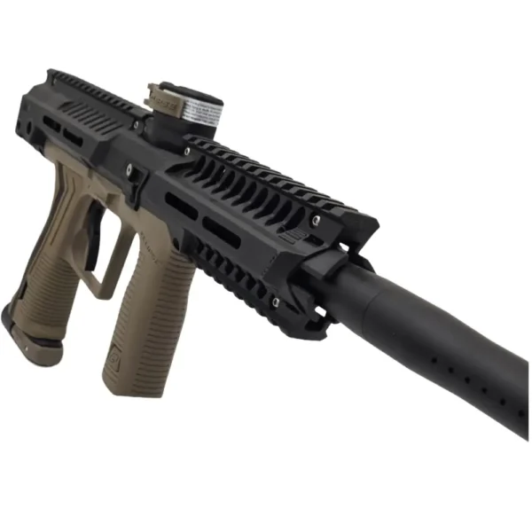 Tactical firearm with dual grips and scope.