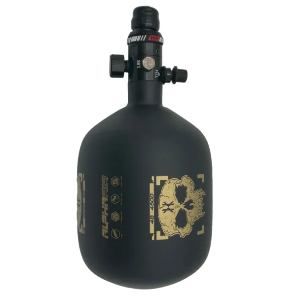 Black paintball air tank with gold design.