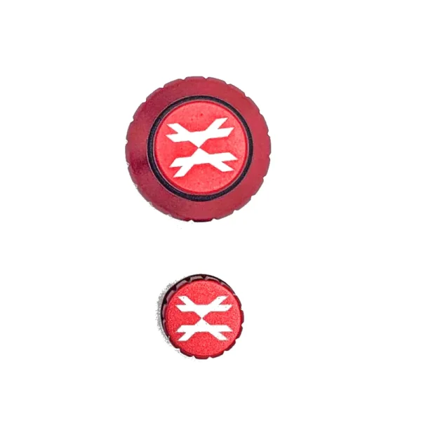 Red circular logo with white arrows.